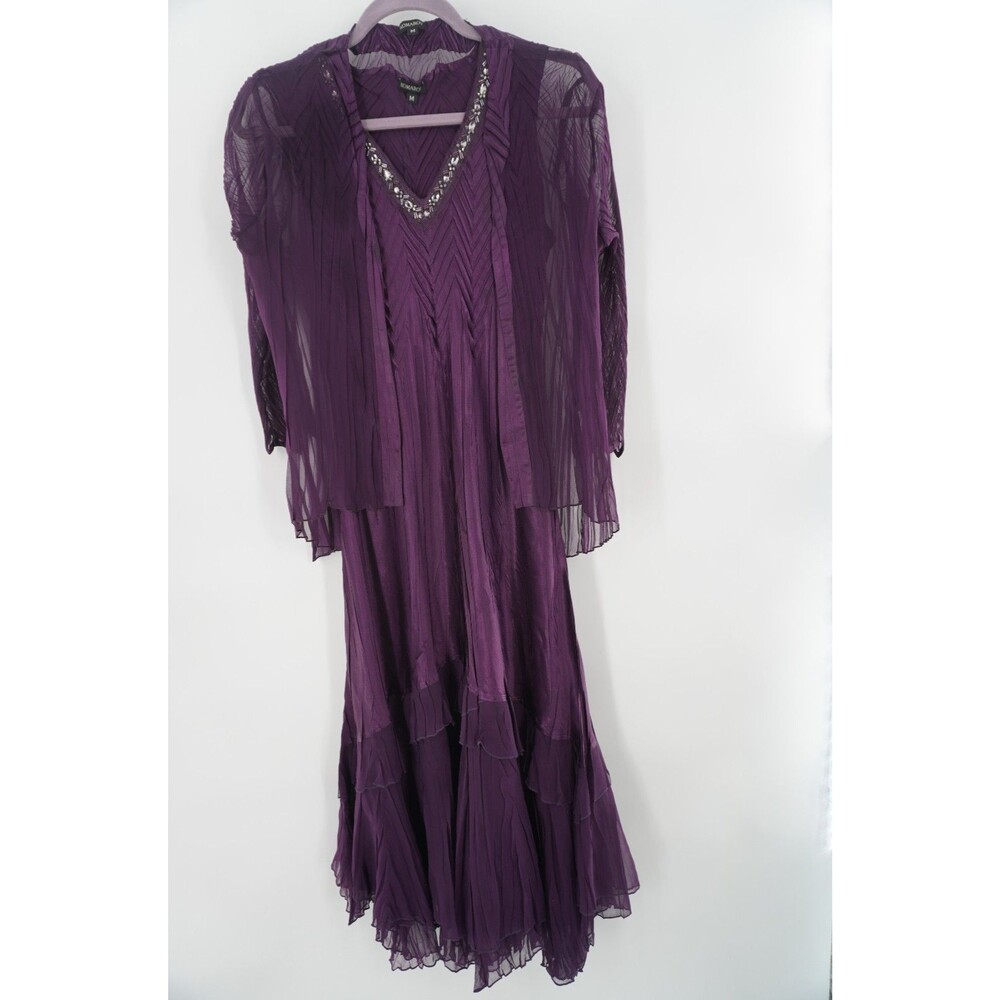 Komarov Purple Charmeuse Embellished Dress & Chiffon Cascade Jacket Size M NWOT
